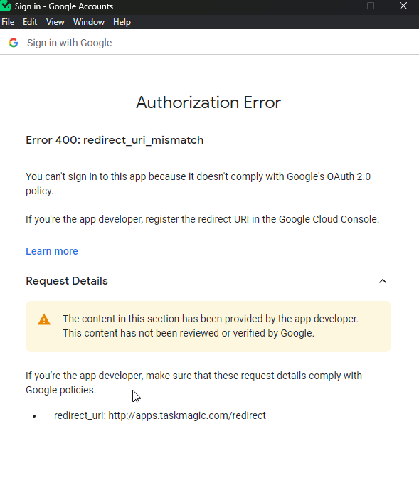 Google Calendar Connection Error - Bugs - TaskMagic